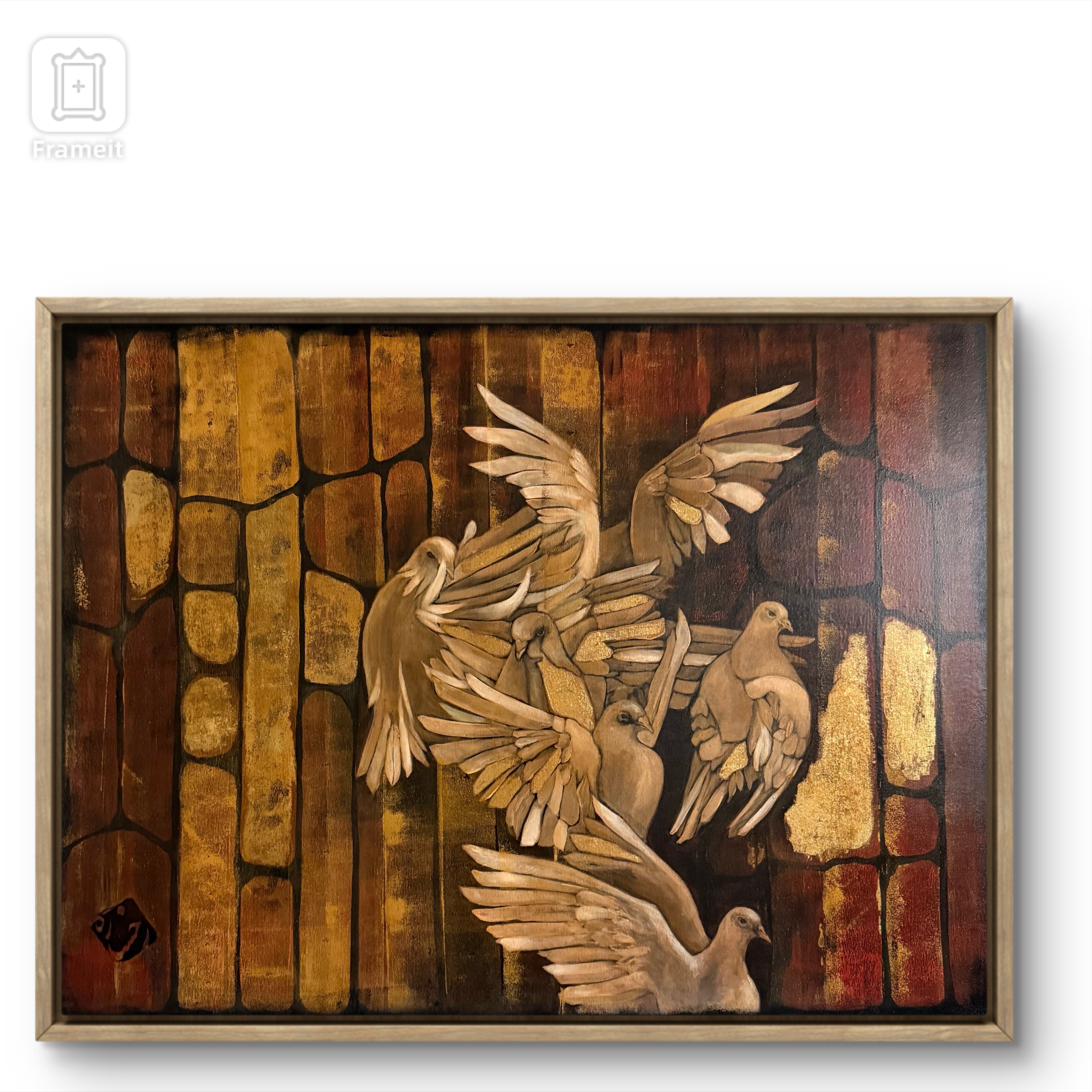 Framed painting of pale birds against a warm brown and ochre patterned background
