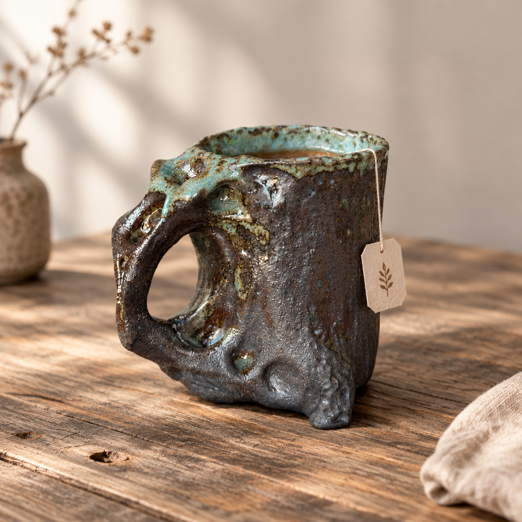 Dark textured ceramic mug with a sculptural handle and turquoise glazed rim